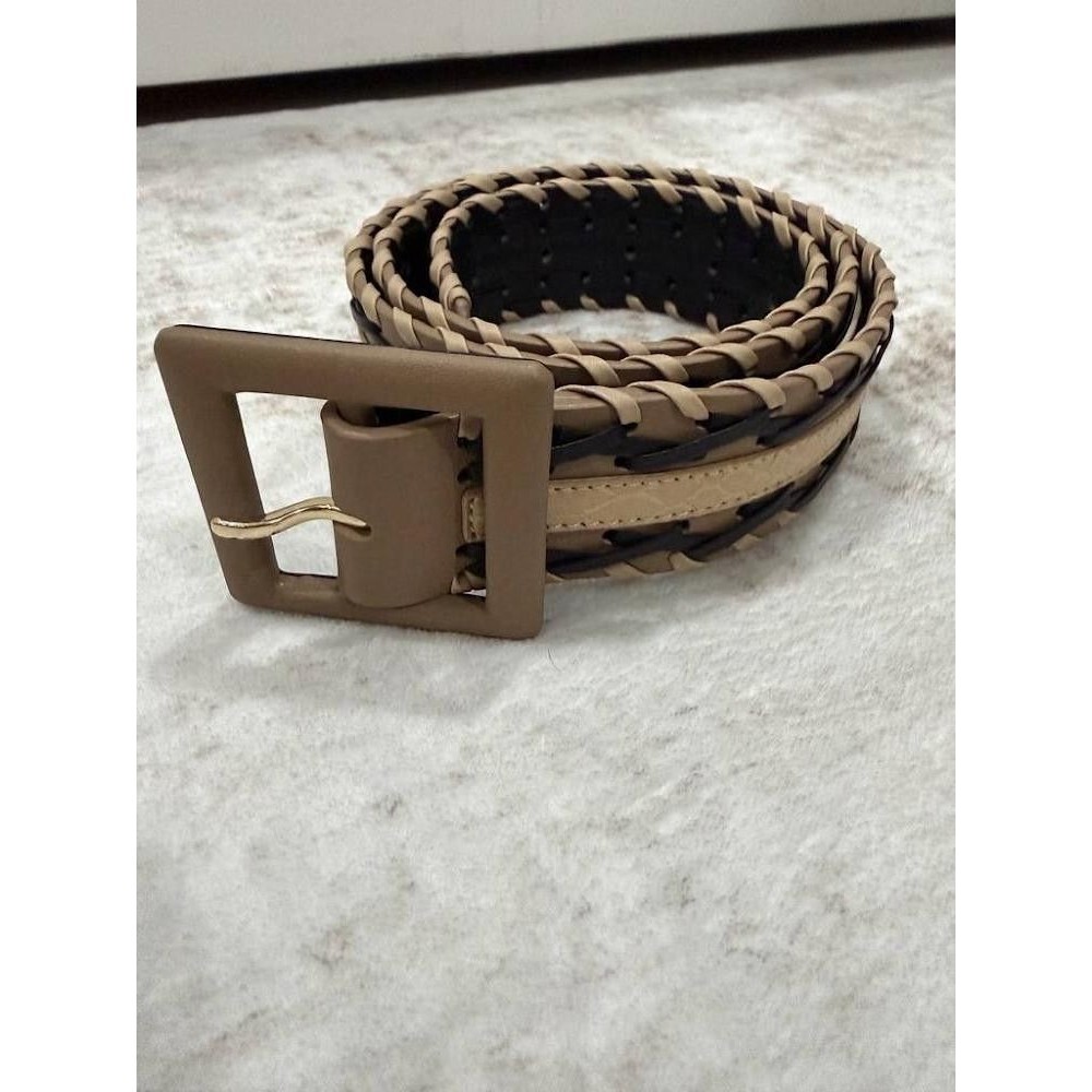 Cabi Braided Leather Belt Size Small Taupe Beige Black Snakeskin Print Boho 37"